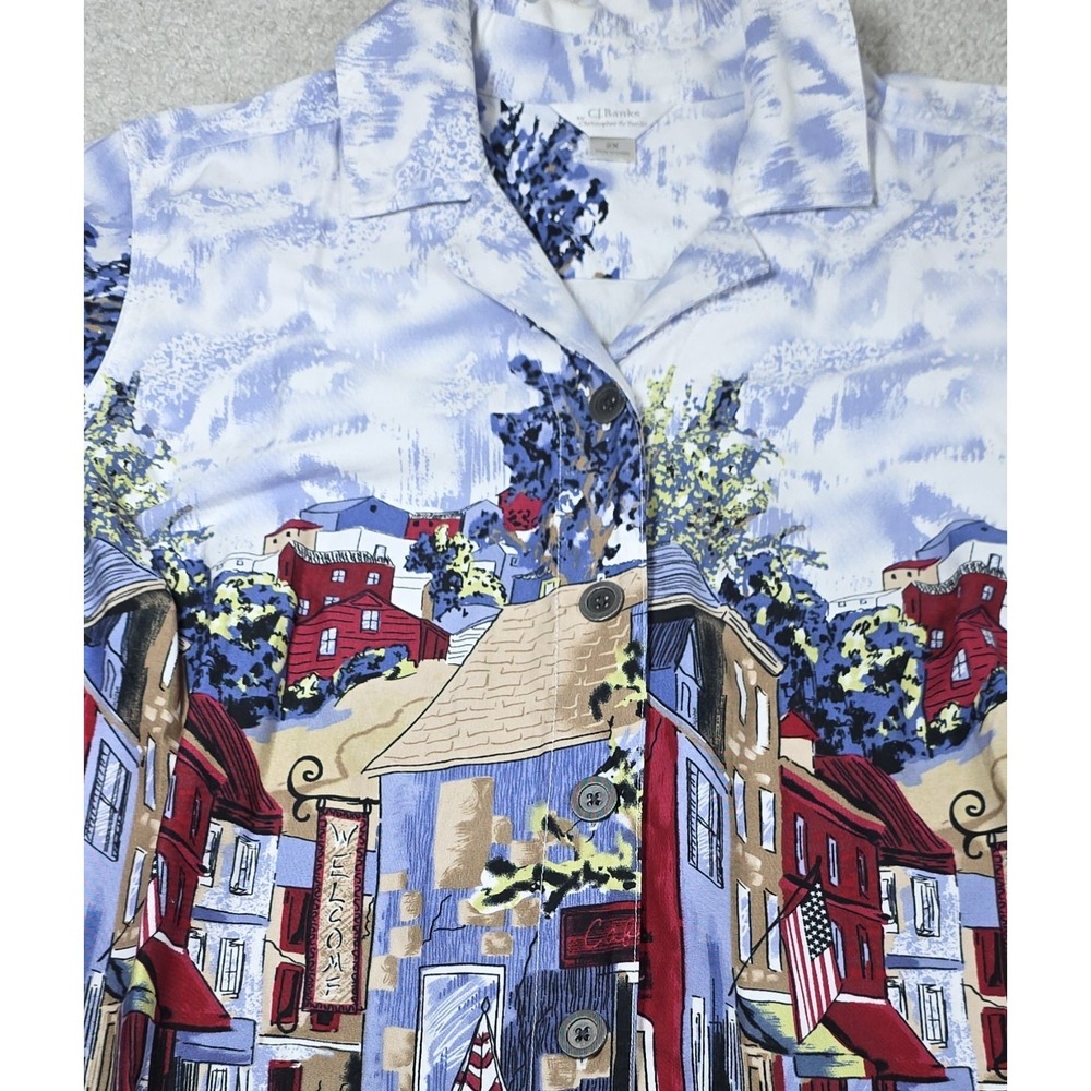 CJ Banks Novelty Town‎ Print Shirt Women 2X Blue Red Cotton Jacket Cottagecore